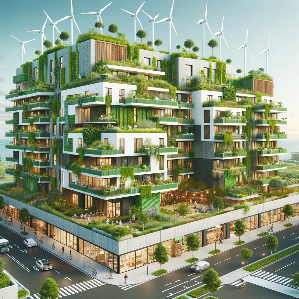 DALL·E 2024 02 21 07.02.05 A modern sustainable apartment complex with green walls and rooftop gardens emphasizing vertical farming and eco friendly materials. The design incl